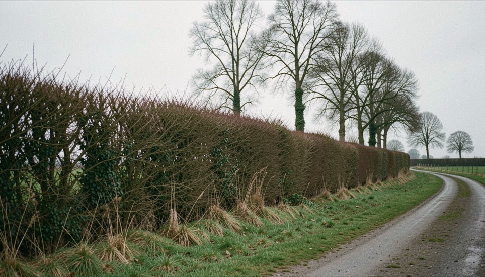 Haie bocagère double rangée en bordure de parcelle, arbustes taillés en bas et arbres de haut jet espacés, sous un ciel couvert d’Ouest
