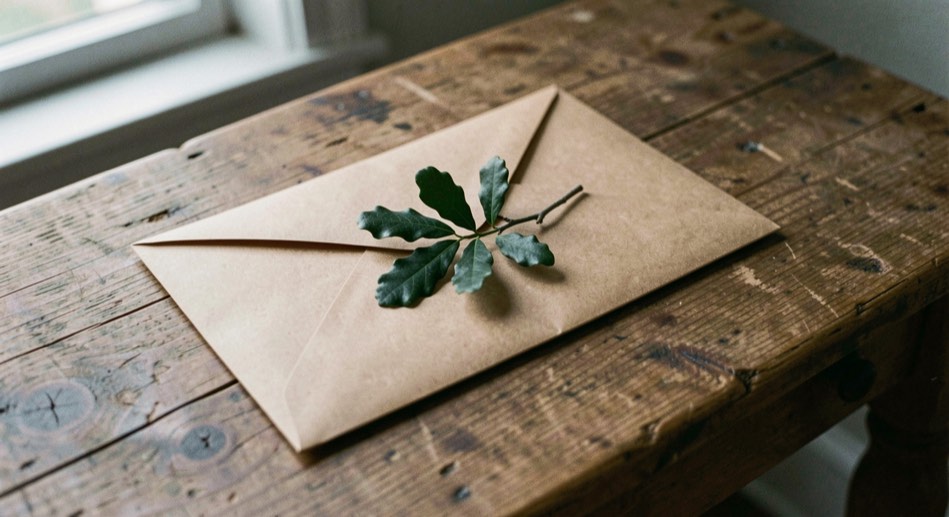 Rameau de chêne vert posé sur une enveloppe kraft fermée, sur une table de bois brut près d’une fenêtre à la lumière grise