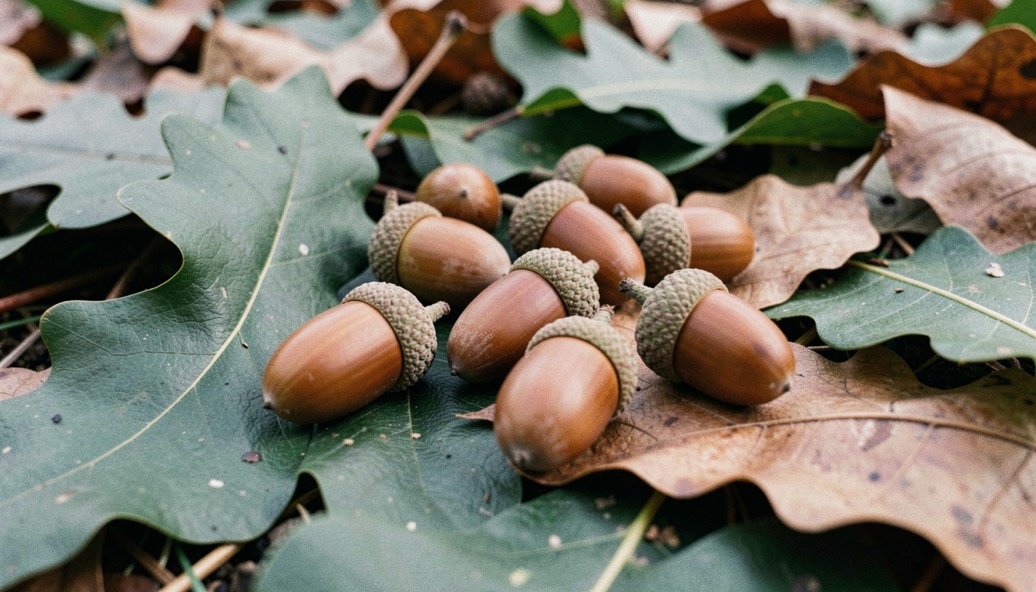 Glands de chêne vert bruns et allongés dans leur cupule finement écailleuse, tombés sur une litière de feuilles coriaces vert sombre