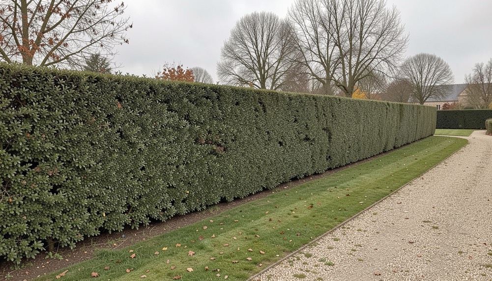 Haie de chênes verts taillée à plat le long d’une allée gravillonnée de jardin, bande d’herbe au pied et arbres nus en arrière-plan