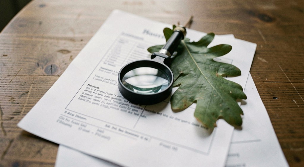 Fiche technique forestière imprimée posée sur une table, loupe de botaniste et feuille de chêne vert placées sur le texte