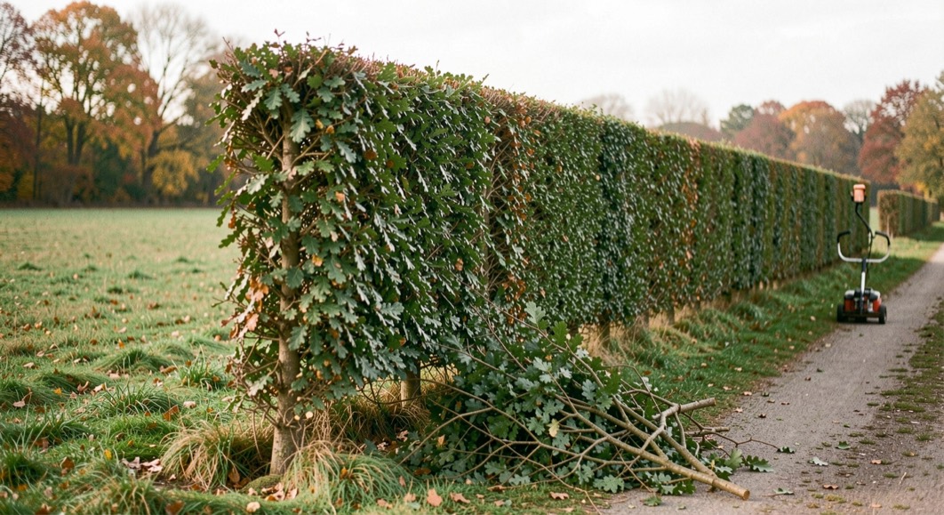 Flanc de haie de chênes verts fraîchement taillé au lamier, plan de coupe vertical net et litière de rameaux verts au pied